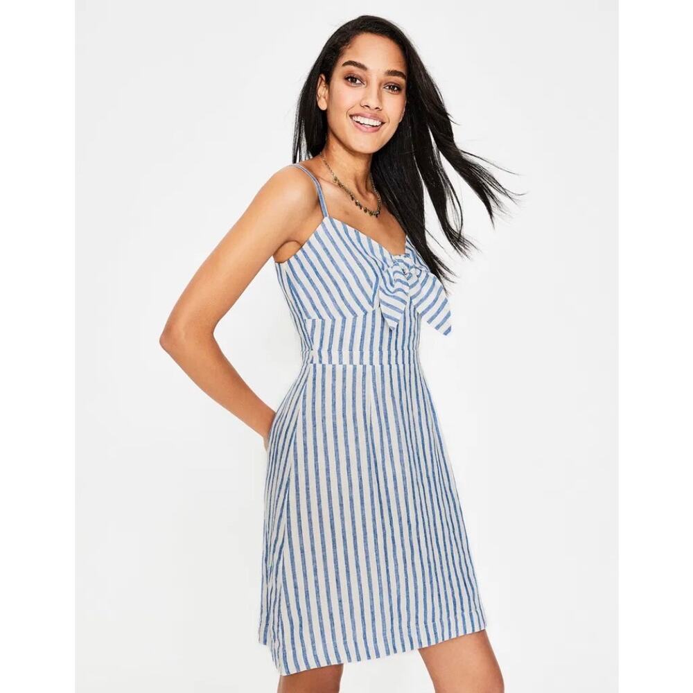 Boden Julia Blue & White Striped Linen Tie-Front Sundress Size 6R